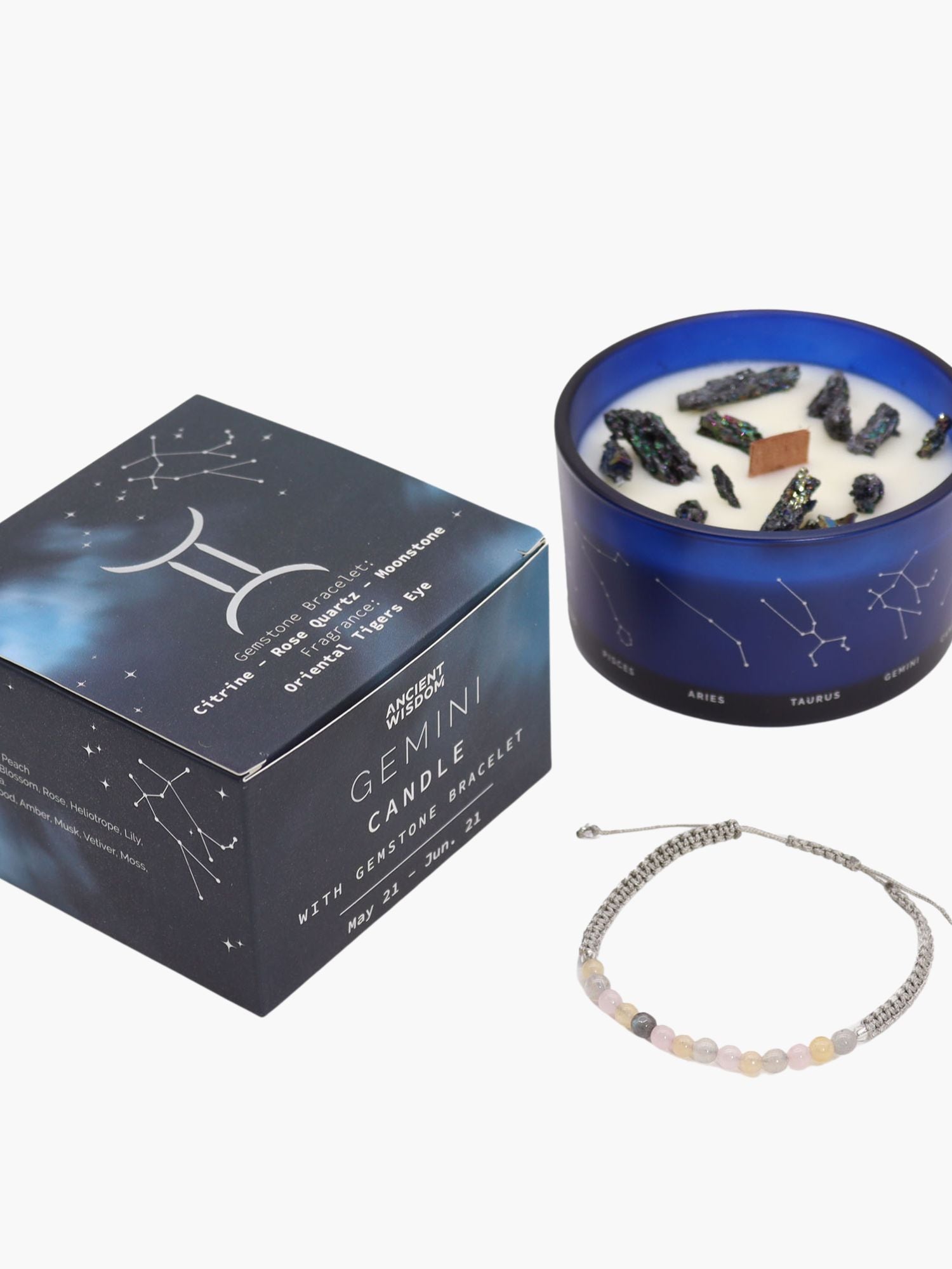 Gemini Zodiac Crystal Candle med kristallarmband