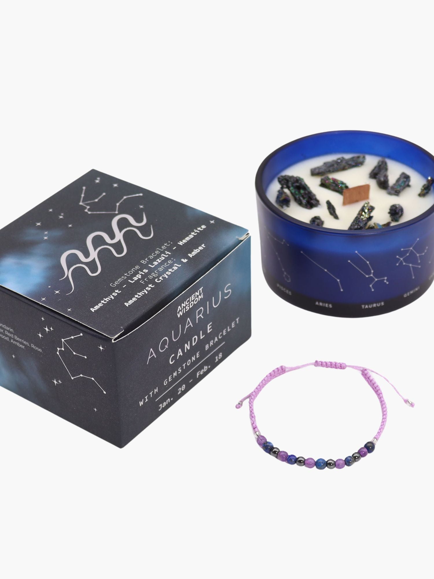 Aquarius Zodiac Crystal Candle med kristallarmband