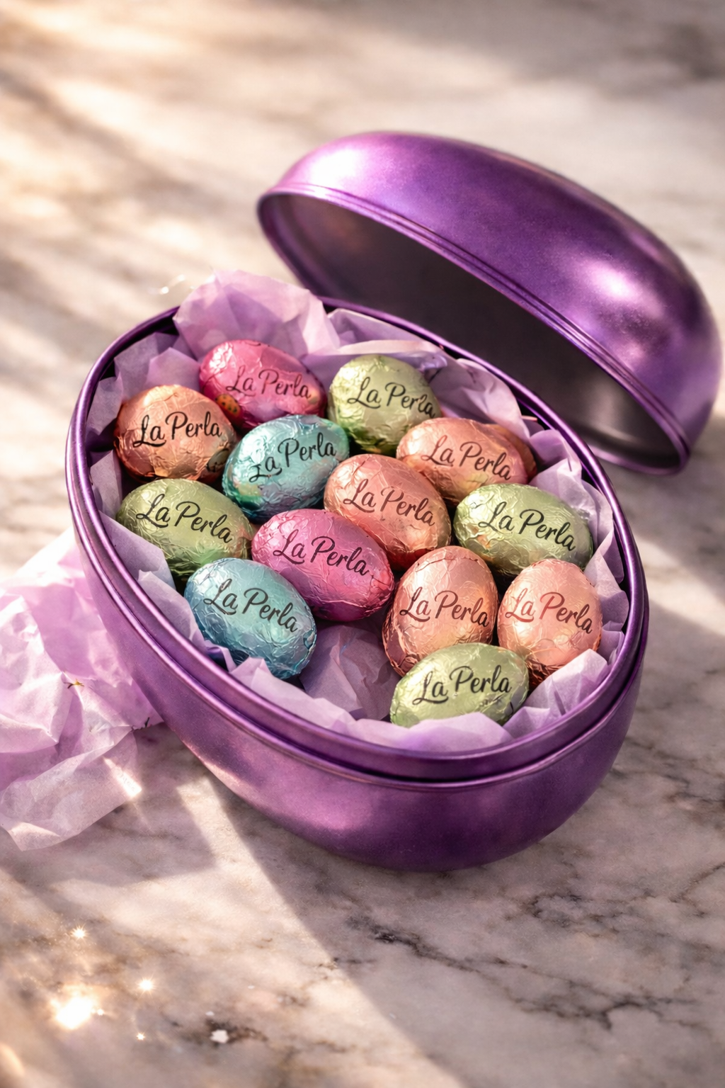 La Perla Gianduja Chokladägg 80 g – Presentförpackning i Lila Påskägg