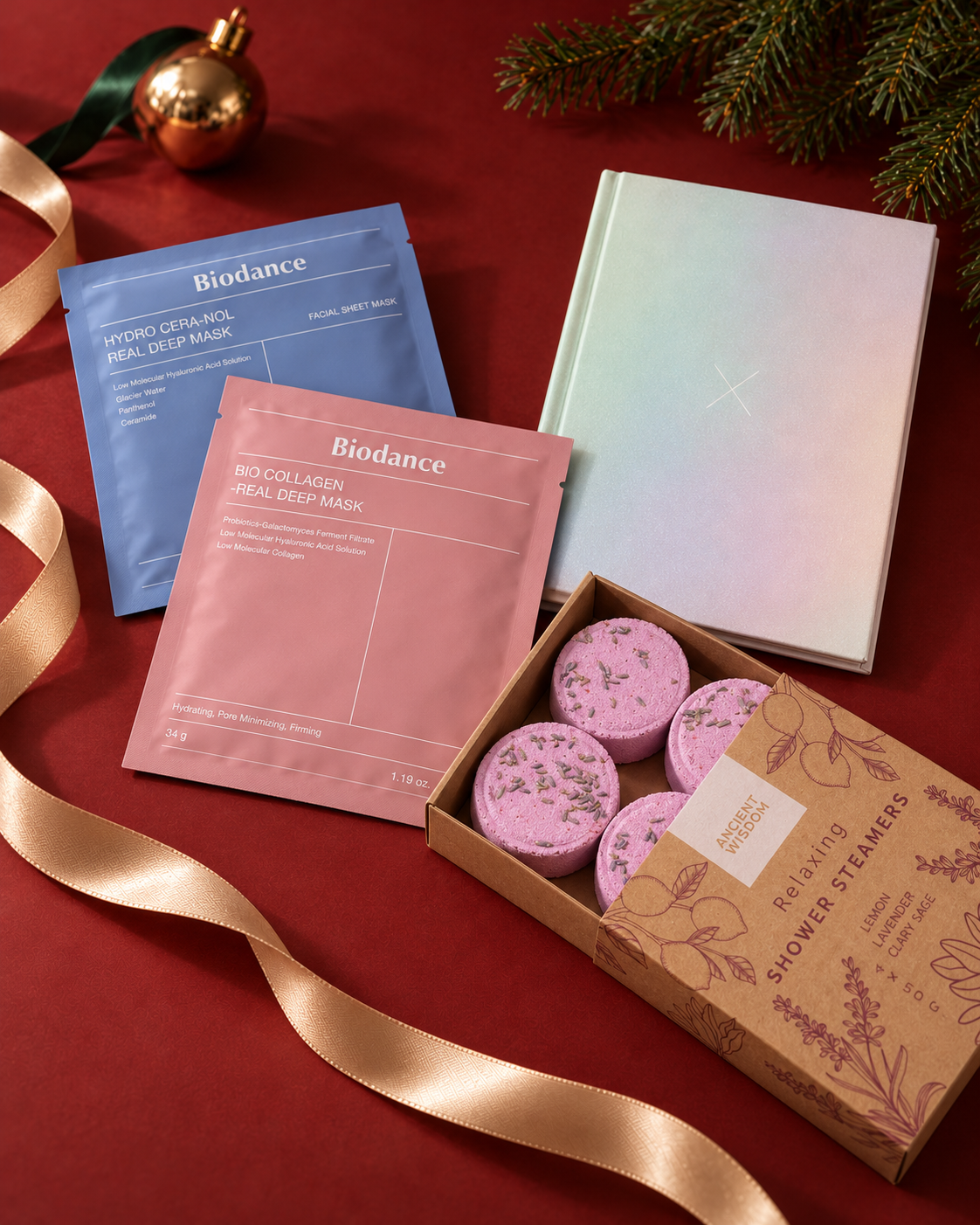 Self care-kit med ansiktsmasker, shower steamers & journal