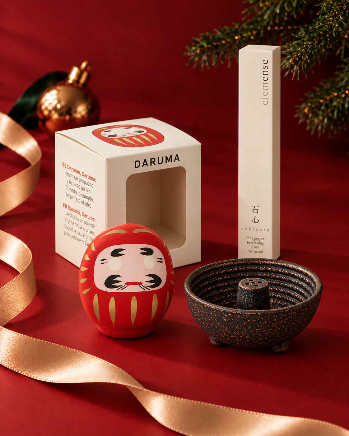 Japanskt presentset med Daruma, rökelse & hållare