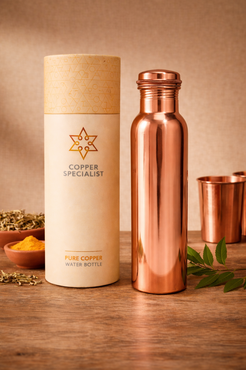 Kopparvattenflaska Slätpolerad Diamond Polish med skruvlock 950ml